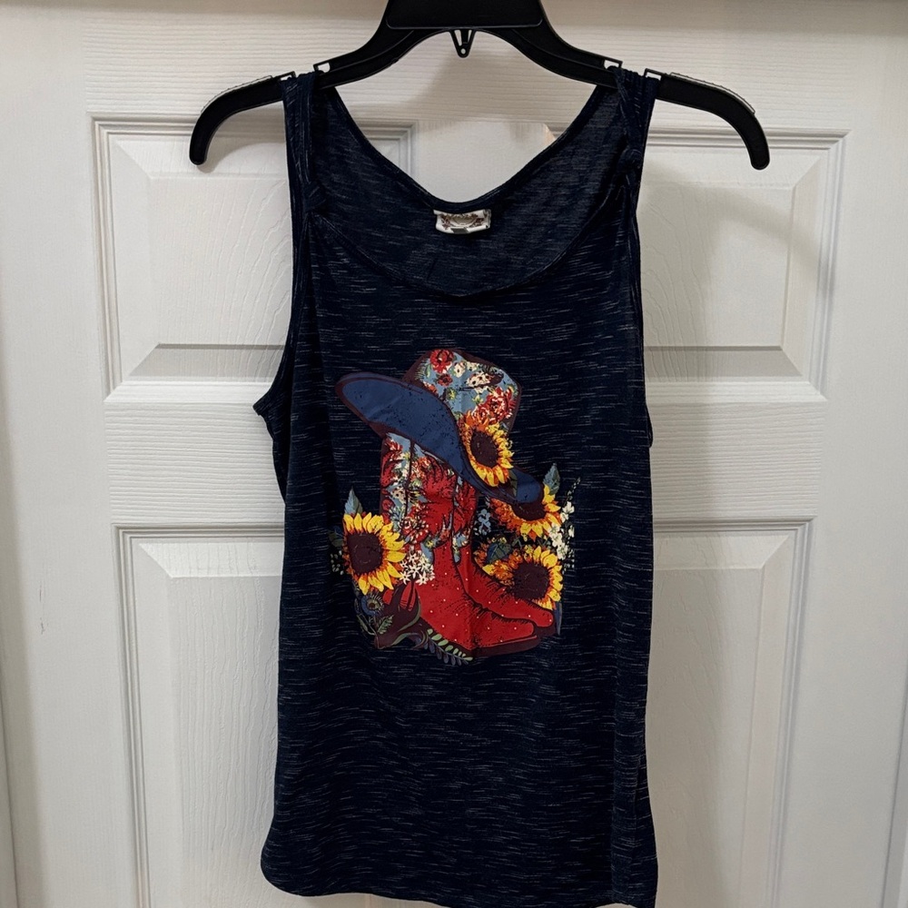 Graphic Sunflower Cowboy Boot Tank - Navy